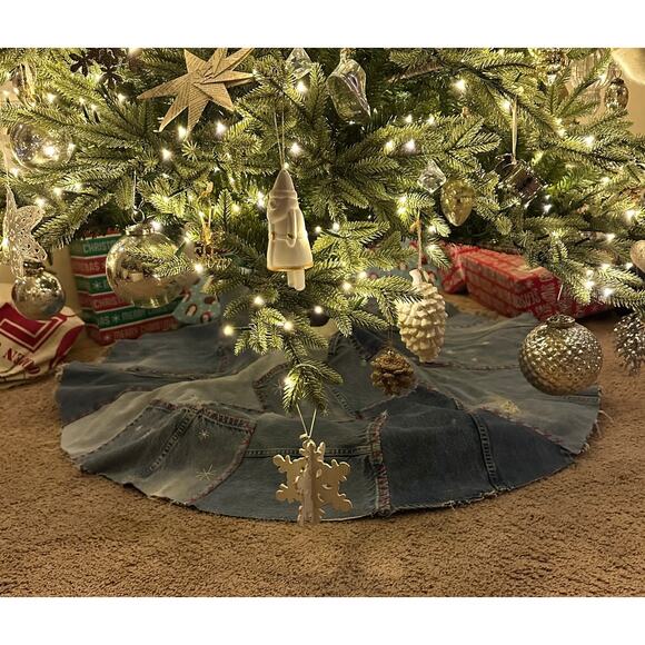 Recycled Denim Embroidered Hand Made Tree Skirt Jeans Blue Red Star Accents - Picture 2 of 10